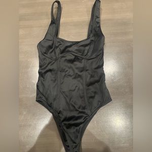 White fox - satin black bodysuit - size small